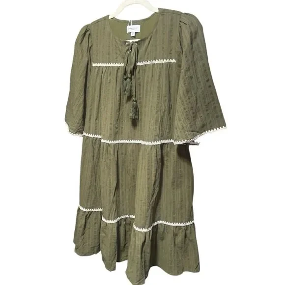 Annie Wear Olive Tiered Mini Babydoll Dress Pockets Short Sleeve NWT - Picture 10 of 15